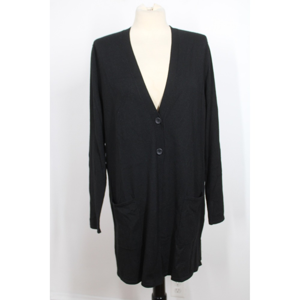 J Jill L Black Long Sleeve Knit Duster Cardigan Pockets Large Wool Blend Sweater